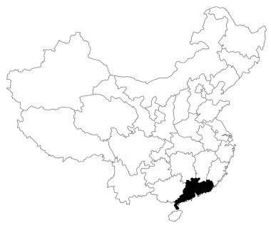 Çin 'in Guangdong bölgesinin haritası beyaz arka planda. Çin haritasında siyah renkle işaretlenmiş tek bir bölge haritası. Doğu Asya, CN, Çin Halk Cumhuriyeti, PRC 