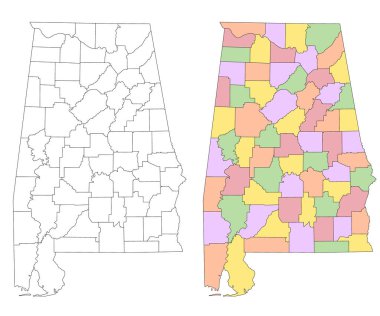 Alabama idari haritası, Alabama ana hatları ve eyalet haritası seti - illüstrasyon versiyonu