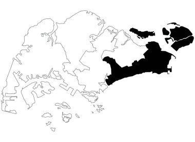 Güney Doğu Haritası, Singapur 'daki CDC Bölgeleri beyaz arka planda. Singapur haritasında siyah renkle işaretlenmiş tek bir HKM bölgesi haritası. Asya ülkesi, sg
