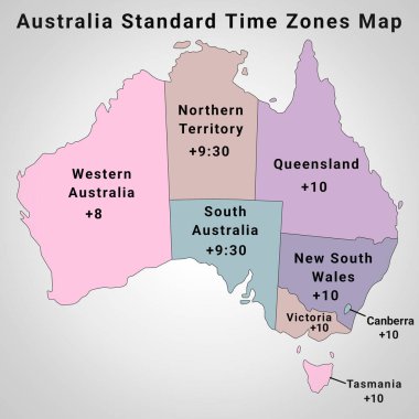 color Australia map of local time zones of his states, Australia standard time zones map clipart