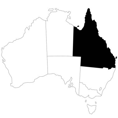 Avustralya 'daki Queensland eyaletinin haritası beyaz arka planda. Avustralya haritasında siyah renkle işaretlenmiş tek bir idari harita. Au au!