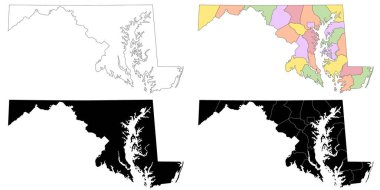Maryland Haritası. Maryland idari haritası, Maryland ana hatları ve eyalet haritası seti - illüstrasyon versiyonu