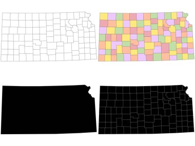 Kansas idari haritası, Kansas ana hatları ve eyalet haritası seti - illüstrasyon versiyonu