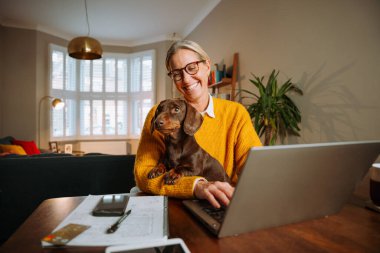 Beyaz kadın ücretsiz mızrak işçisi evcil köpek dizüstü bilgisayarında daktilo ile çalışıyor. Yüksek kalite fotoğraf
