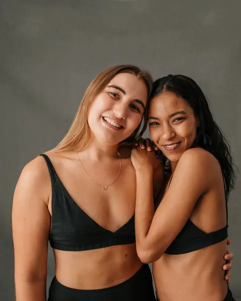 Close Two Happy Smiling Girlfriends Underwear Posing Studio High Quality — Stock Photo, Image