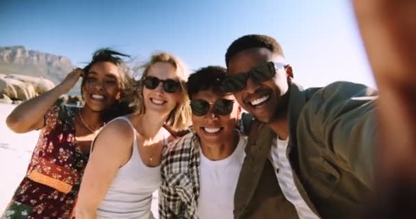 Quatro Amigos Tirar Uma Selfie Praia Imagens Alta Qualidade — Vídeo de Stock