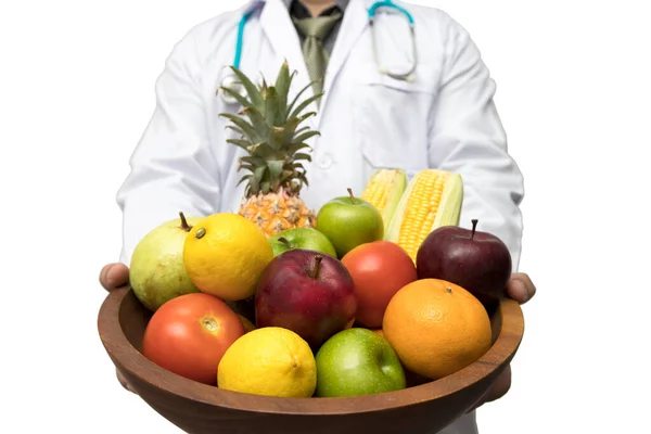 Doctor Holding Basket Assort Fresh Fruits Vegetables Isolated White Background — Foto de Stock
