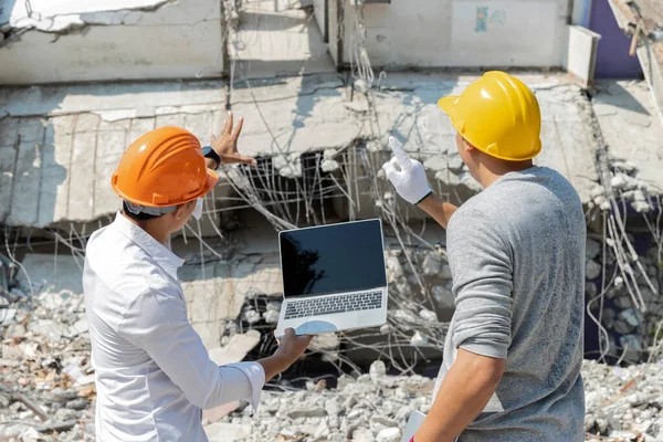 Supervisor Control Demolición Capataz Discutiendo Sobre Demoler Edificio — Foto de Stock