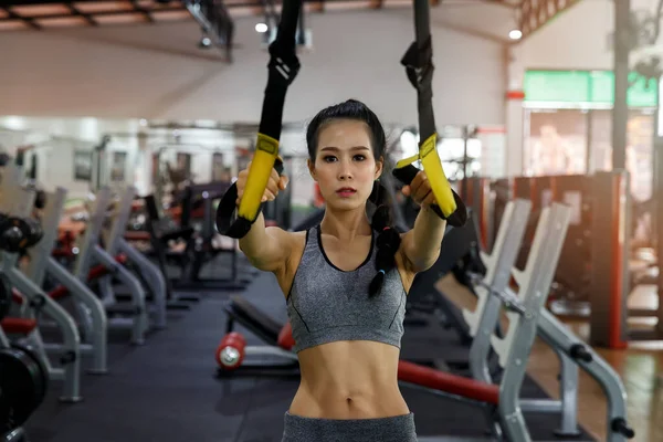 Fitness Woman Training Trx Fitness Straps Gym Healthy Lifestyle Concept — Stock Photo, Image