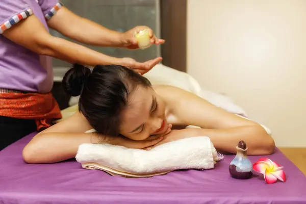 Asian Woman Enjoying Back Massage Warm Massage Oil Candle Massage Stock Picture