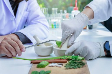 Bilim adamı ya da doktor masadaki laboratuvarda bitkisel ilaç yapıyor. Bitkisel bitki ilacıyla. Laboratuvarda doğal olan organik..