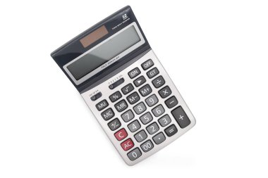 Beyaz arkaplanda izole edilmiş bir hesap makinesinin üst görünümü