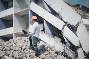 Dizüstü bilgisayarı tutan mühendis yıkımı kontrol ediyor, binayı yıkıyor..