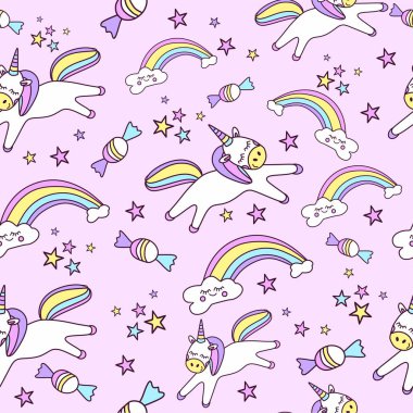 Tek boynuzlu at, şeker, gökkuşağı, bulut ve yıldızlı mor arka planda çocuk deseni
