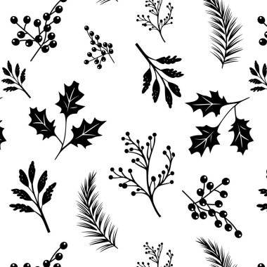 Noel vektörü kusursuz desen, yapraklar, siyah siluet