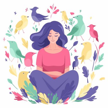 Bacak bacak üstüne atmış bir kız kuşların, tüylerin ve yaprakların etrafında meditasyon yapıyor.