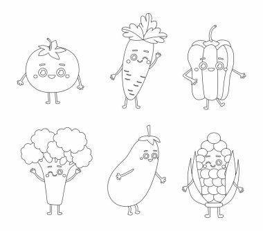 Sevimli siyah çizgili sebze karalama koleksiyonu beyaz arka planda izole edilmiş.