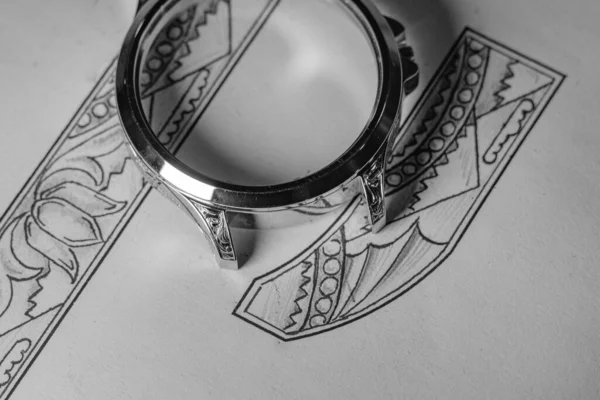Closeup Prata Branco Para Produção Relógios Bolso Esboço Gravura Acabada — Fotografia de Stock