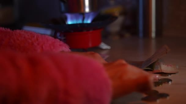 Dívka Zapálí Plynový Hořák Svitu Svíčky Počítá Peníze Bez Elektřiny — Stock video