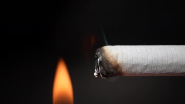 Sie Verbrennen Mit Einem Feuerzeug Eine Zigarette Auf Schwarzem Hintergrund — Stockvideo