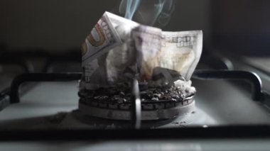 100 dolarlık banknot bir gaz sobasında yanıyor. Ağır çekim. Dolly vurdu.