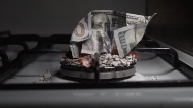 100 dolarlık banknot bir gaz sobasında yanıyor. Ağır çekim. Dolly vurdu.