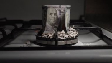 100 dolarlık banknot bir gaz sobasında yanıyor. Ağır çekim. Dolly vurdu.
