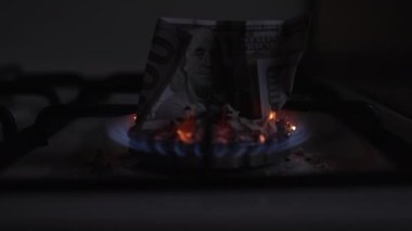 100 dolarlık banknot bir gaz sobasında yanıyor. Ağır çekim. Dolly vurdu.