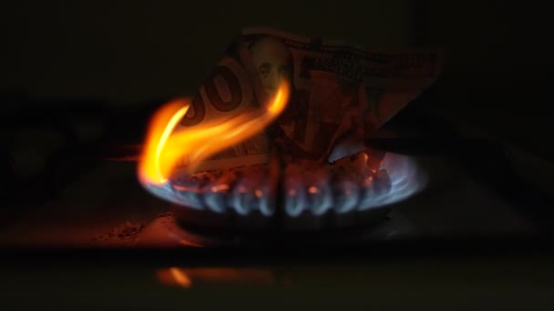 Billete 100 Dólares Arde Una Estufa Gas Cámara Lenta Dolly — Vídeos de Stock