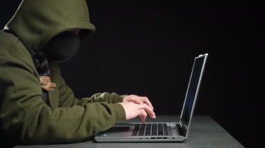 Kız hacker dizüstü bilgisayarda çalışıyor. Kod yazıyor. Dolly vurdu.