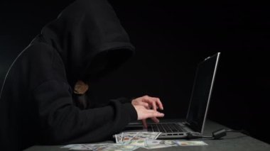 Kız hacker dizüstü bilgisayarda çalışıyor. Kod yazıyor. Dolly vurdu.
