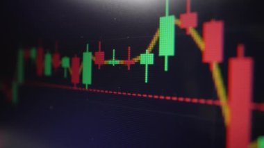 Monitördeki kripto para birimi oranının grafiği. Dolly vurdu. Siyah arkaplan