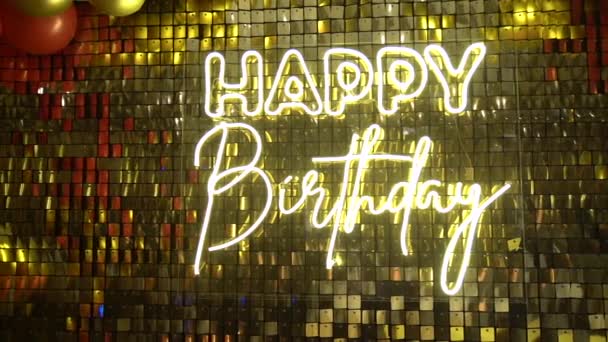 Beautiful Neon Inscription Happy Birthday Photo Zone Slow Motion — Stock Video