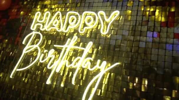 Beautiful Neon Inscription Happy Birthday Photo Zone Slow Motion — Αρχείο Βίντεο