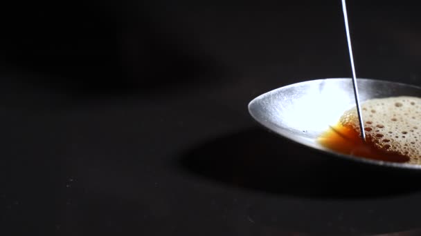 Draw Drugs Tablespoon Syringe Close Slow Motion — Stock Video