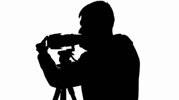 Silhouette Nera Videografo Maschile Con Fotocamera Maschera Bianco Nero — Video Stock