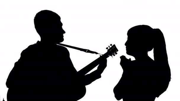 Black Silhouette Girl Guy Playing Guitar White Background Black White — Stock Video