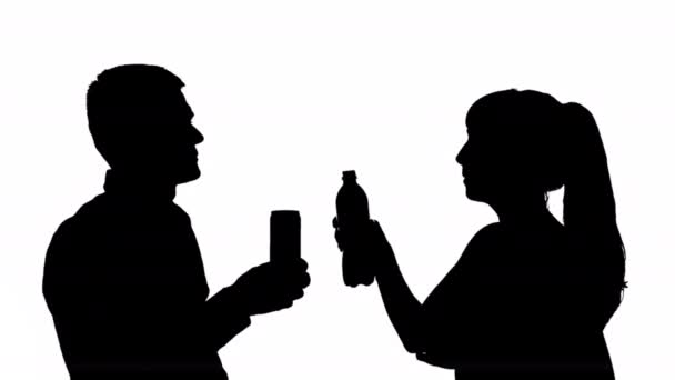 Black Silhouette Couple Man Woman Drinking Drinks White Background Black — Stock Video