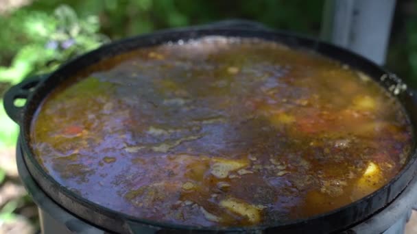 Supă Carne Gătită Într Cazan Mare Fontă Deasupra Unui Foc — Videoclip de stoc