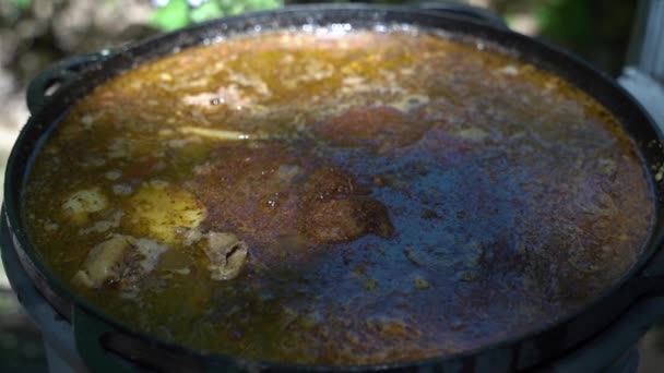 Μάγειρας Προσθέτει Μπαχαρικά Στην Κρεατόσουπα Ένα Μεγάλο Καζάνι Από Χυτοσίδηρο — Αρχείο Βίντεο