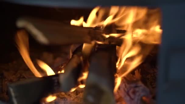 Firewood Terbakar Dalam Kompor Buncit Besi Bulat Gerakan Lambat — Stok Video