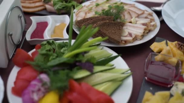Serviert Tisch Mit Käse Und Aufschnitt Bei Einem Picknick Zeitlupe — Stockvideo