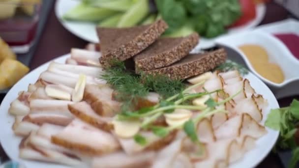 Tafel Geserveerd Met Worst Vlees Groente Bij Een Picknick Langzame — Stockvideo