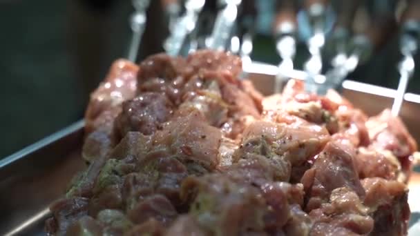 Raw Fresh Meat Skewers Barbecue Slow Motion — Stock Video