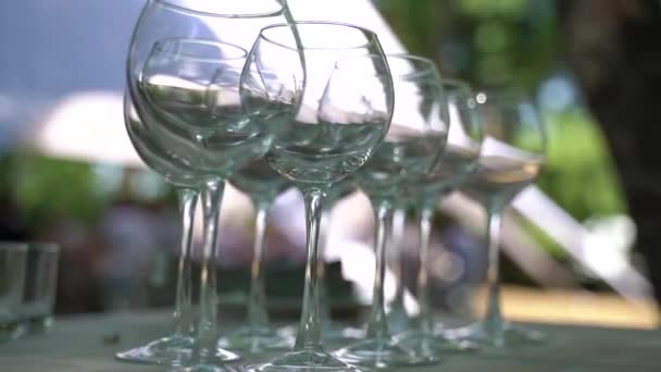 野餐时喝酒用的空玻璃杯放在桌上 慢动作 — 图库视频影像