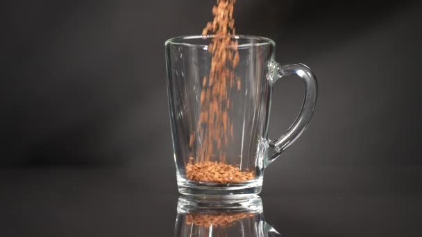 Pour Instant Coffee Granules Glass Mug Slow Motion — Stock Video