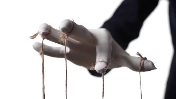 Manos Manipuladoras Guantes Tela Blanca Con Cuerdas Los Dedos Fondo — Vídeo de stock