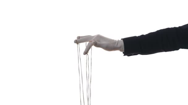 Manipulatorhände Weißen Stoffhandschuhen Mit Seilen Den Fingern Weißer Hintergrund — Stockvideo