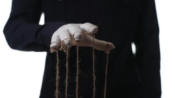 Manos Manipuladoras Guantes Tela Blanca Con Cuerdas Los Dedos Fondo — Vídeos de Stock