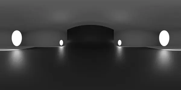 Yansımalı VR 360 stüdyo panoraması. Stüdyo ışığı olan bir odanın 3D Hdri animasyonu